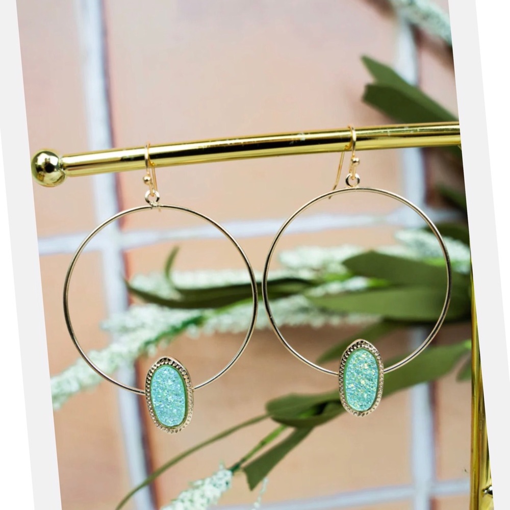 NEW Iridescent Mint Druzy Oval Goldtone Hoop Earrings